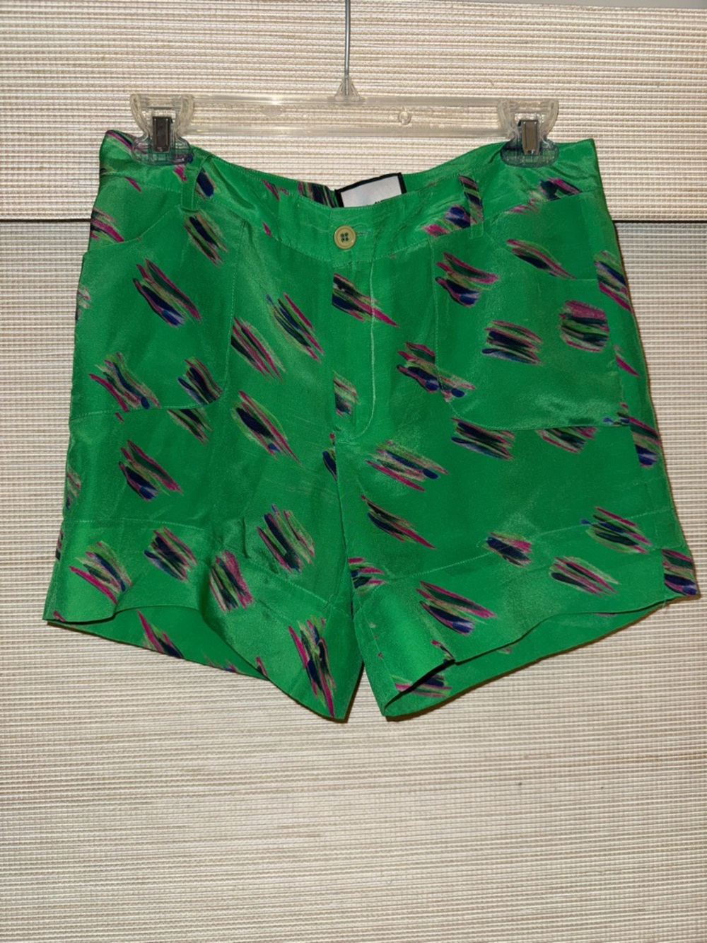 100% Silk by SMITH Vintage Green Shorts w/ Colorful Brushstroke Pattern | Size 2